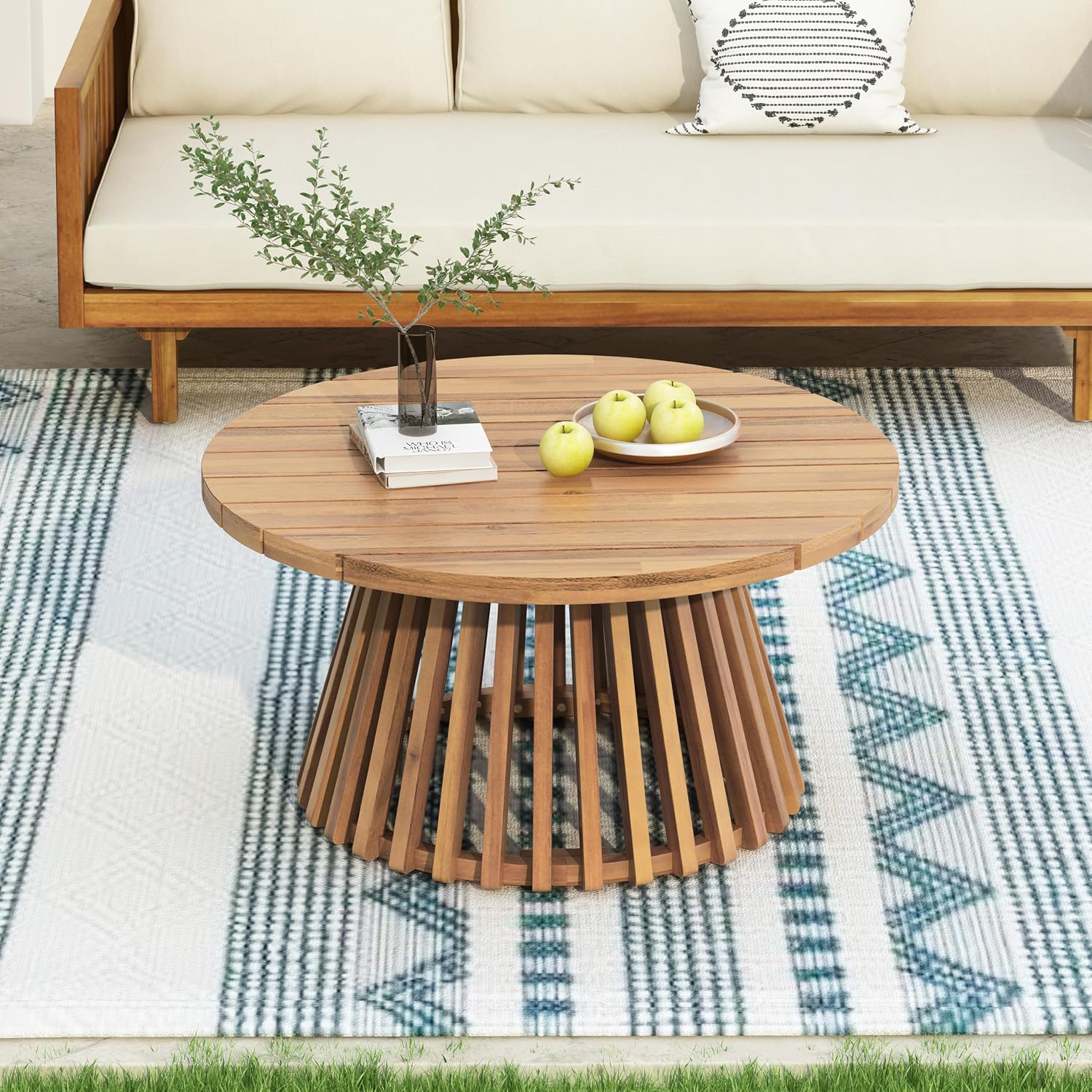 Christopher Knight Home Hakee Acacia Wood Patio Coffee Table, Round Coffee Table with Unique Wooden Base, Stylish Indoor/Outdoor Table, Easy Assembly, 31.5' x 31.5' x 16', Light Teak