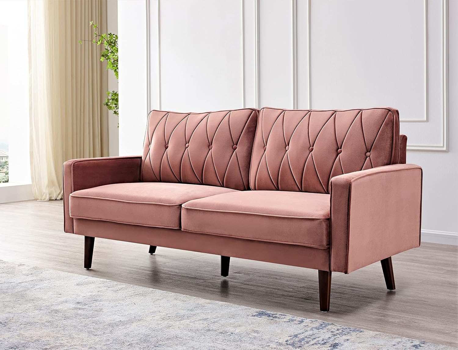 Container Furniture Modern Style Tufted Velvet Couches for Living Room with Soft Fabric Upholstery and Solid Wood Frame, 2 Piece Sofa and Loveseat Set, Rose