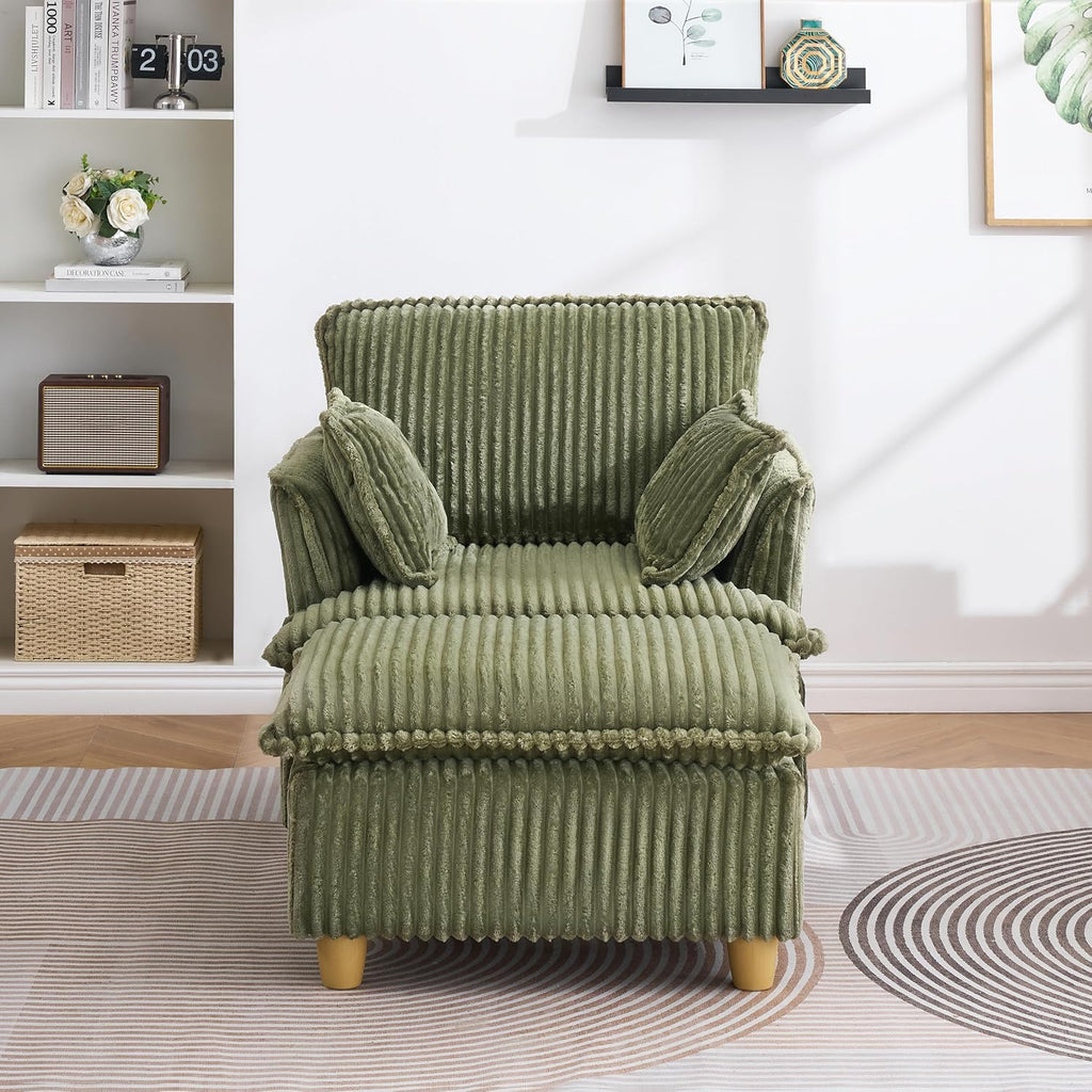 KEIKI Wide Corduroy Sofa Chair with Ottoman, Single Seat Chair Chaise Lounge, Corduroy Sleeper Couch for Living Room, Apartment, Salon, Home Theater, Green