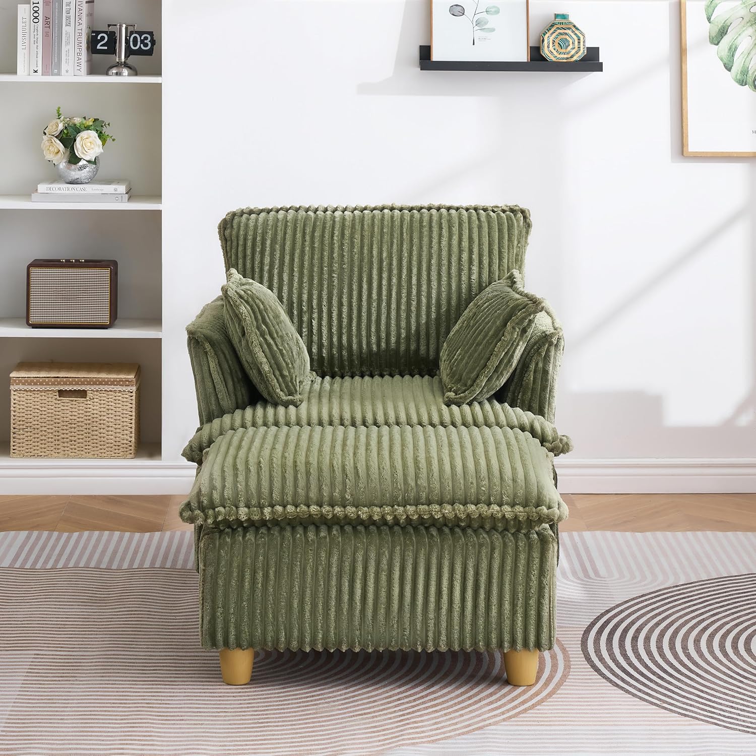 KEIKI Wide Corduroy Sofa Chair with Ottoman, Single Seat Chair Chaise Lounge, Corduroy Sleeper Couch for Living Room, Apartment, Salon, Home Theater, Green