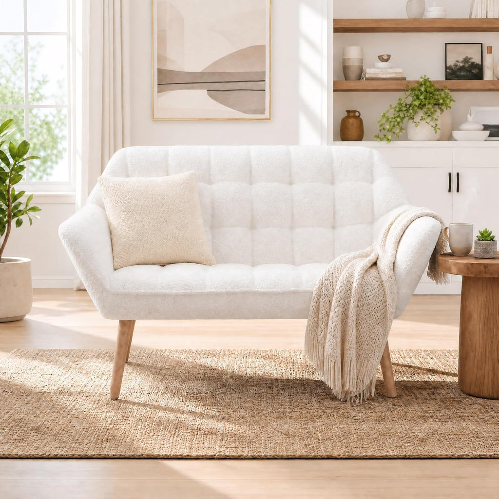 48'Small Loveseat Sofa, Modern Sherpa Upholstered Mini Couch 2-Seater Fluffy Love Seat with Quilting Backs and Wood Legs for Living Room, Bedroom and Small Space, White