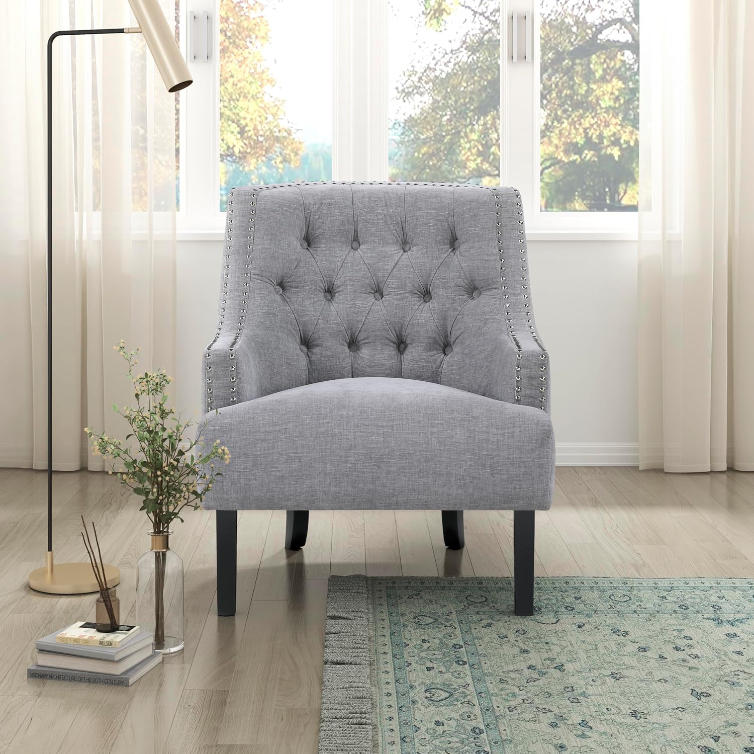 Lexicon Accent Chair Reading Chair Comfy Chair for Bedroom, Upholstered Armchair with Solid Wood Frame, Tufted Cushion Nail Head Trim, Single Sofa Chair for Living Room, Office, Grey Chenille