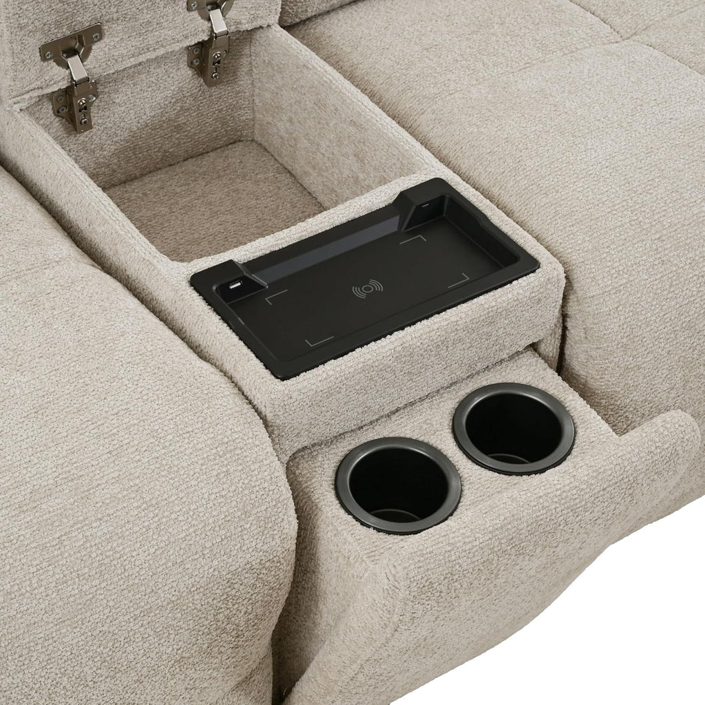Furniture of America Tavie Modern Reclining Sofa with Storage Console and Cup Holders, Sectional Recliner, L Shaped Couch for Living Room, Home Theater, Playroom, Beige
