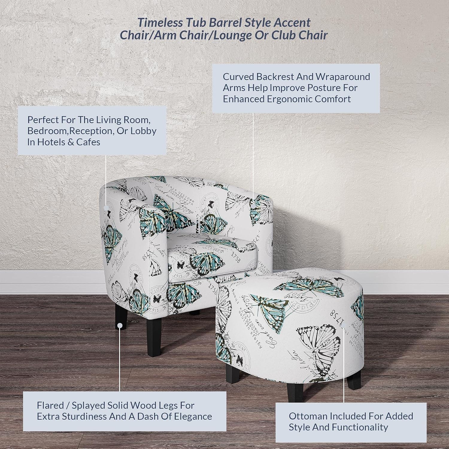 BELLEZE Accent Ottoman Set, Modern Upholstered Curved Back Chair, Barrel Round Tub Reading Chair and Footrest for Living Room Bedroom - Butterfly White/Linen