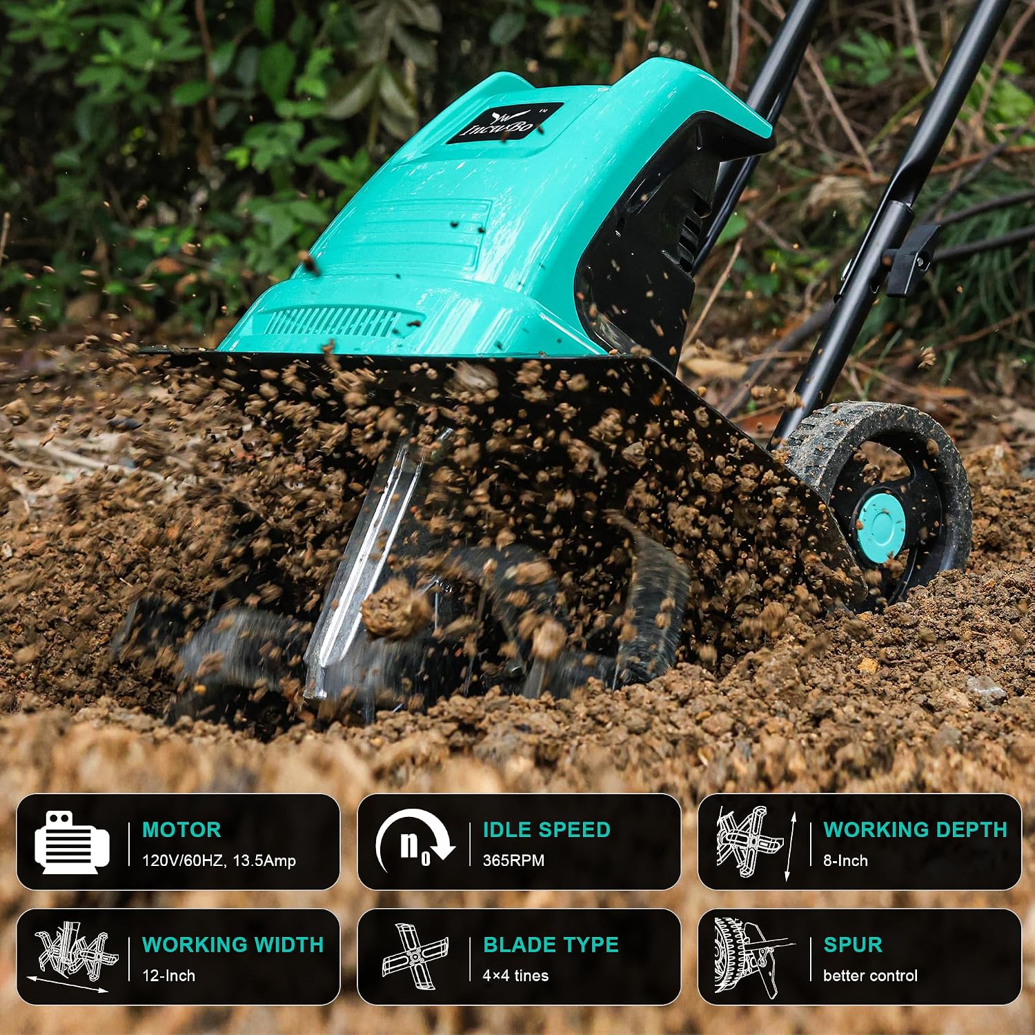 IncwBo 13.5 Amp 12 Inch Electric Tiller/Cultivator with 4 Steel Tines, 8'' Tilling Depth Small Garden Tiller for Gardening, Corded Rototiller with Adjustable Wheels