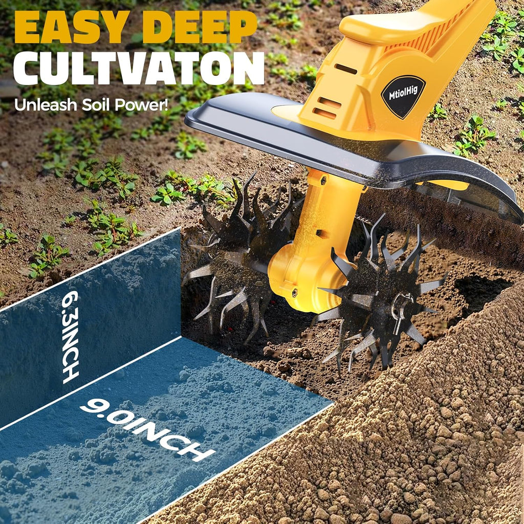Cordless Tiller Cultivator Compatible with Dewalt 20V Battery (Tool Only), MtiolHig 360RPM Electric Garden Tiller for Gardening, Brushless Rototiller 9' Width 6.3' Depth for Soil Cultivation, Yellow