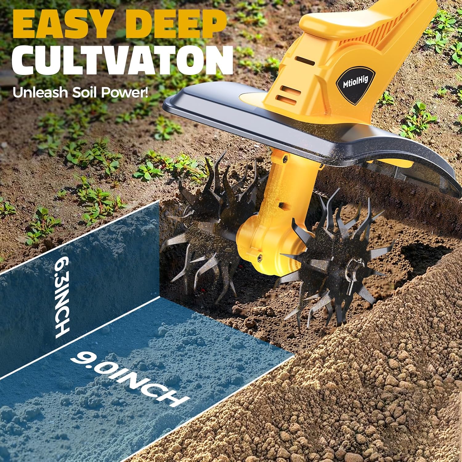 Cordless Tiller Cultivator Compatible with Dewalt 20V Battery (Tool Only), MtiolHig 360RPM Electric Garden Tiller for Gardening, Brushless Rototiller 9' Width 6.3' Depth for Soil Cultivation, Yellow