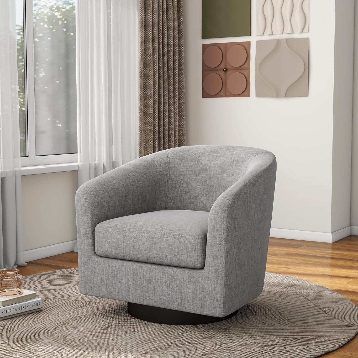 Pia Ricco Swivel Barrel Chairs Set of 2, 360° Swivel Round Accent Chair, Comfy Upholstered Fabric Single Sofa Club Armchair for Living Room/Reading Room/Bedroom, Light Grey