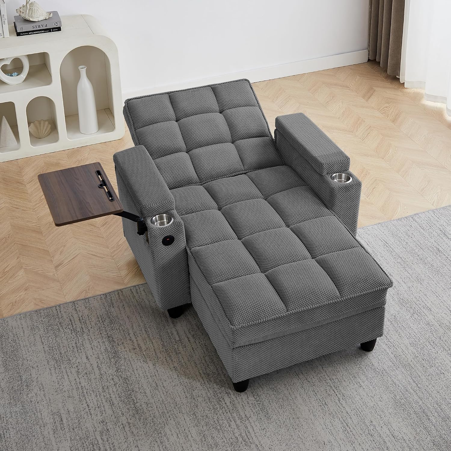 Eafurn Convertible Chaise Lounge Sleeper Chair with Storage and 6-Position Reclining Backrest,Modern Tufted Recliner Lounge Chaise Chair with Swivel Tray Table & USB Port for Living Room
