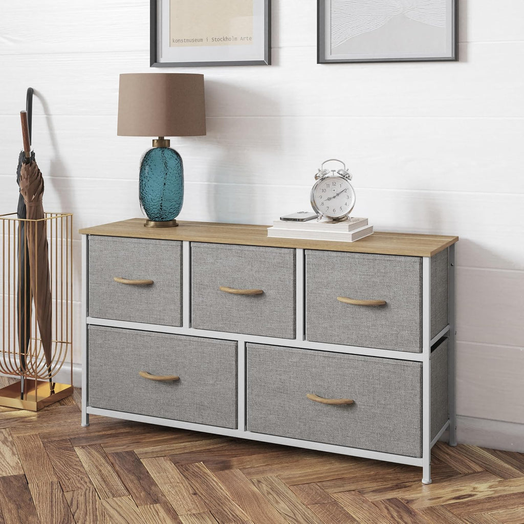 Flash Furniture Harris 5 Drawer Vertical Storage Dresser, Engineered Wood Top and Cast Iron Frame, Easy Pull Non-Woven Fabric Drawers with Wooden Handles, White/Beige