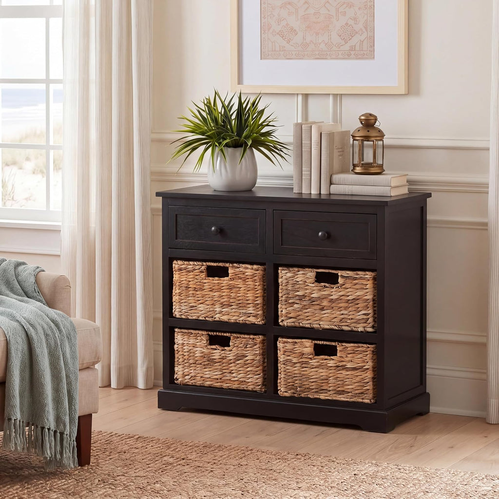 SAFAVIEH Furniture - Herman 2-Drawer Storage Unit - Distressed Black - Solid Wood - Classic Storage Design - Ideal for Living Room, Entryway, 29'W x 13'D x 27.5'H - Fully Assembled (AMH5702B)