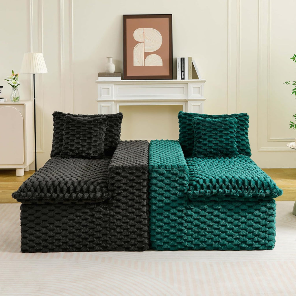 KEIKI 120' Modular Boneless Couch Full Chaise for Bedroom, 4-Seater Sectional Couches for Living Room Furniture, Deep Seat Fluffy Soft Sofa Bed for Studio Apartment Room Pet Friendly, Black Green