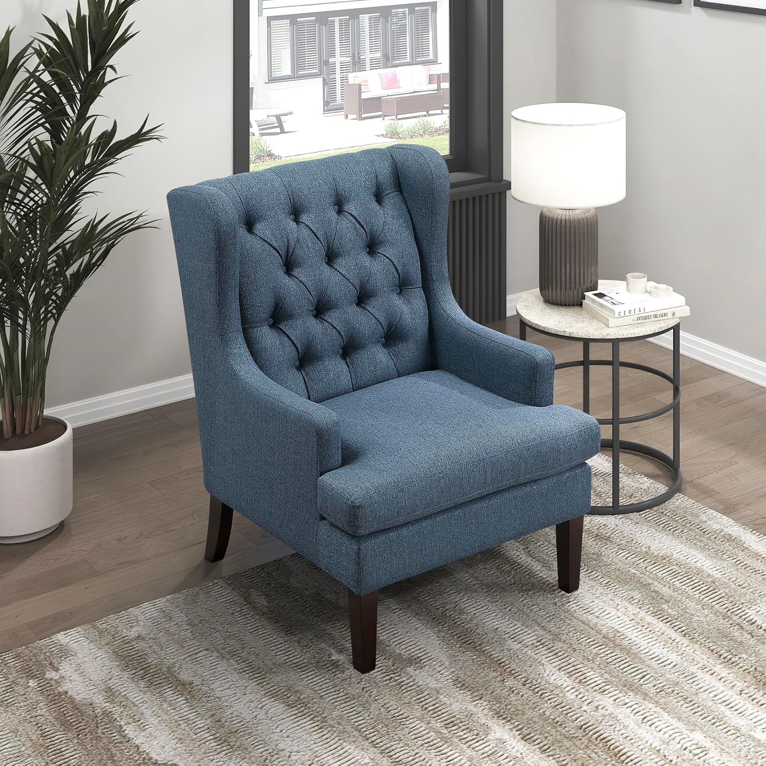 Lexicon Living Room Accent Chair, Textured Fabric Upholstered Reading Chair, Button-Tufted, High Wingback for Living Room/Bedroom/Office, Blue