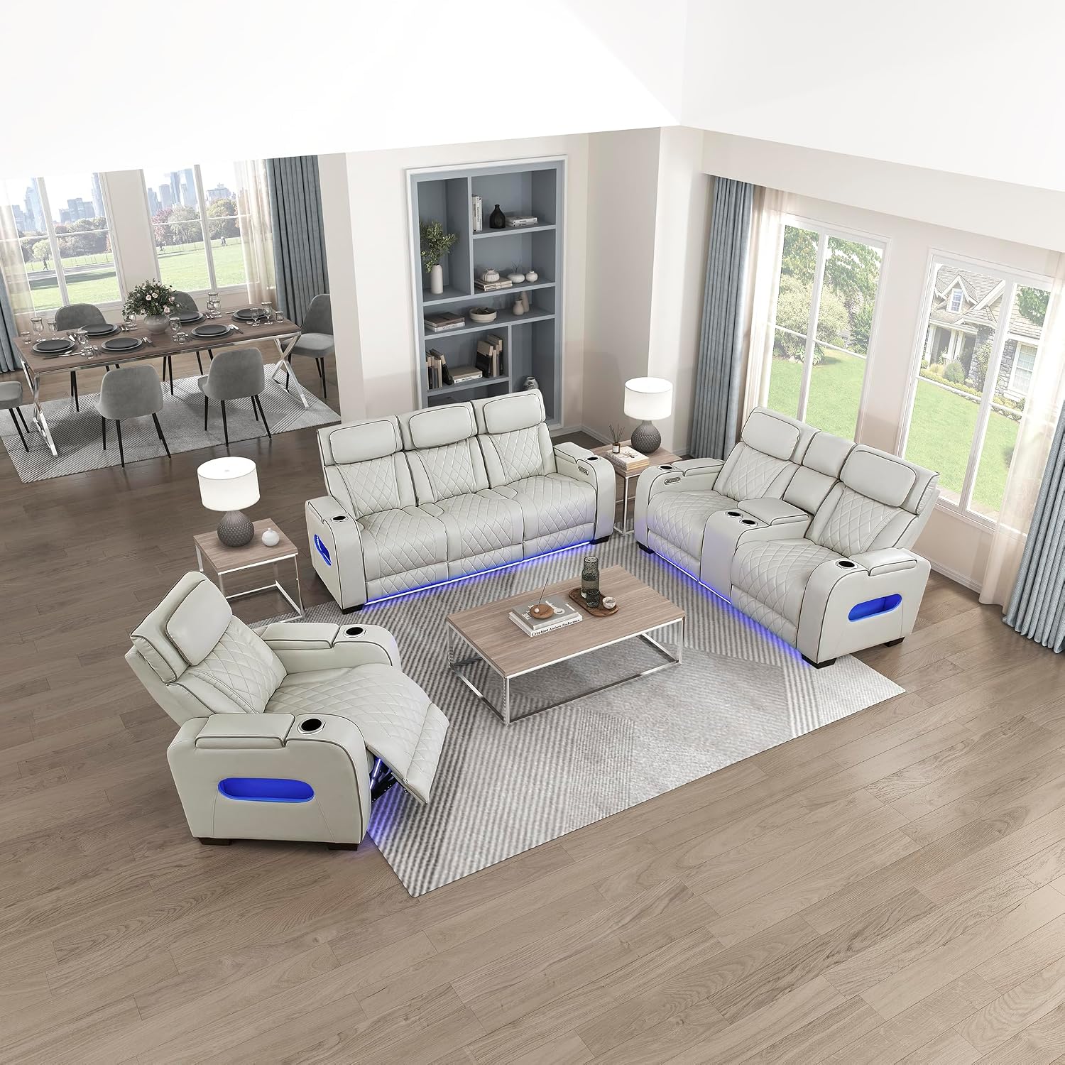 Lexicon Living Room Furniture Sets, Breathable Faux Leather Power Reclining Sofa Set, Home Theater Seating, Power Double Reclining RV Couch, Loveseat, Recliner, 3 Piece Sets, Taupe