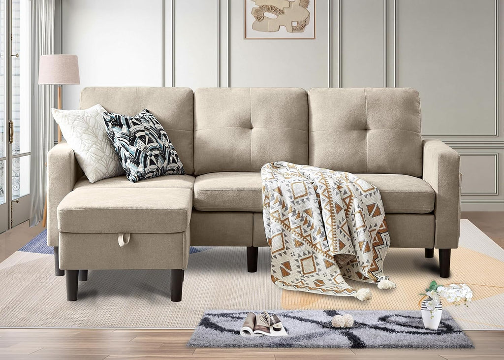 Sectional Sofa Couches for Living Room, L Shaped Couch 3-Seat Convertible Sectional Sofas with Removable Storage Ottoman, Modern Polyester Fabric (Beige)