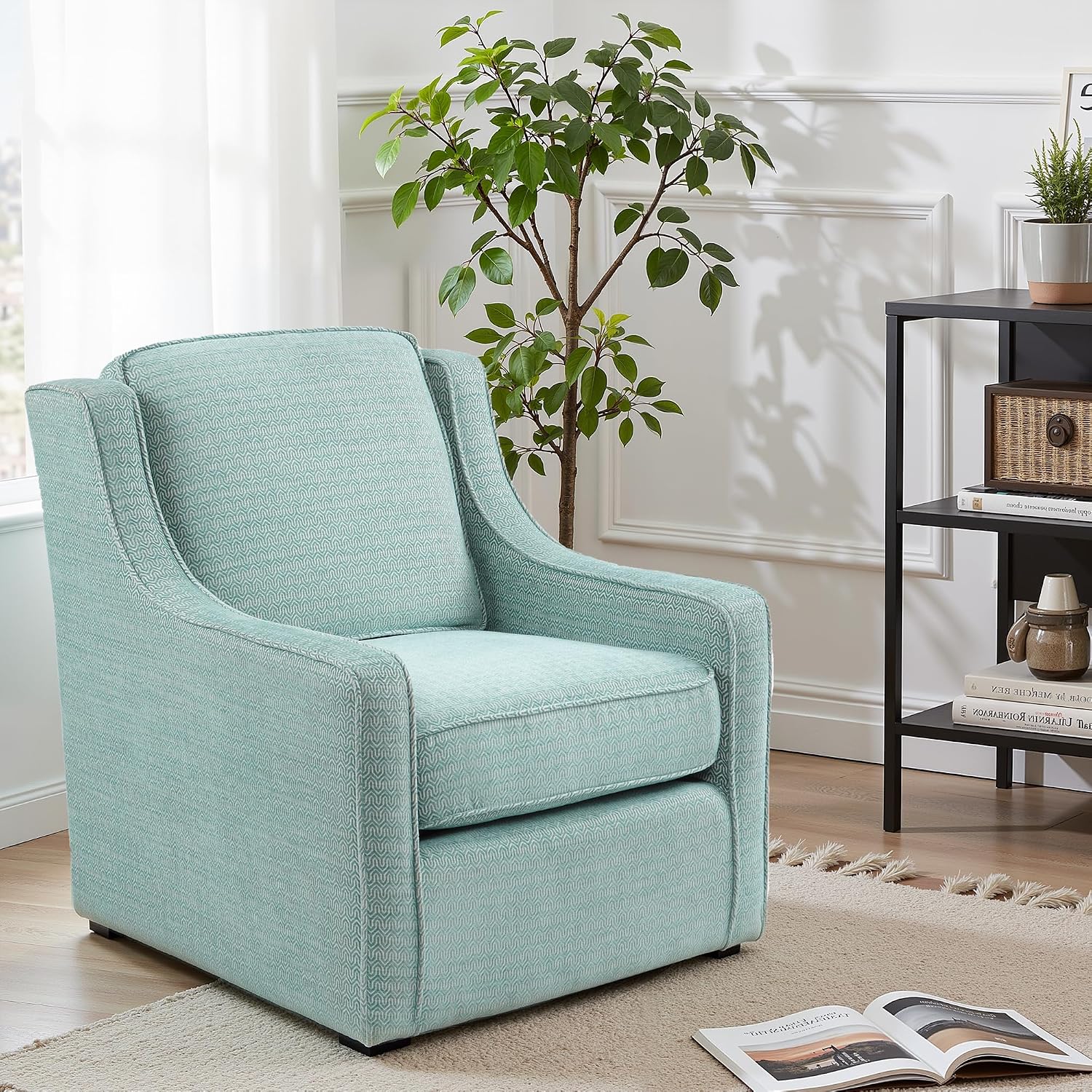 Madison Park Harris Swivel Chair - Solid Wood, Plywood, Metal Base Accent Armchair Modern Classic Style Family Room Sofa Furniture, 28.5' Wide, Dusty Aqua