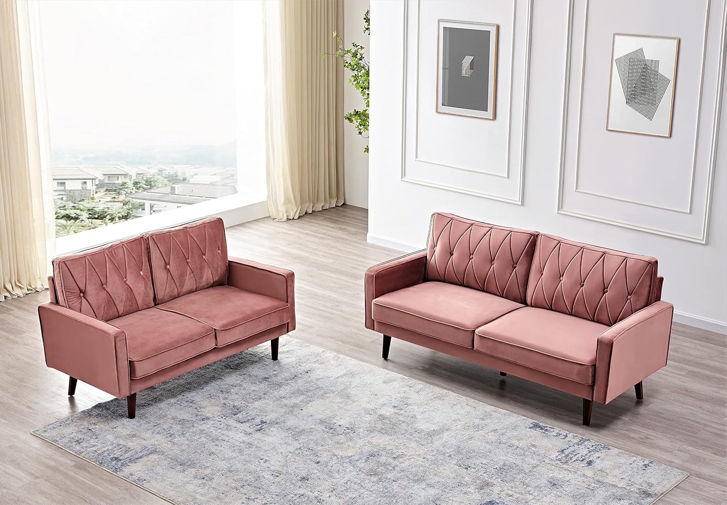 Container Furniture Modern Style Tufted Velvet Couches for Living Room with Soft Fabric Upholstery and Solid Wood Frame, 2 Piece Sofa and Loveseat Set, Rose