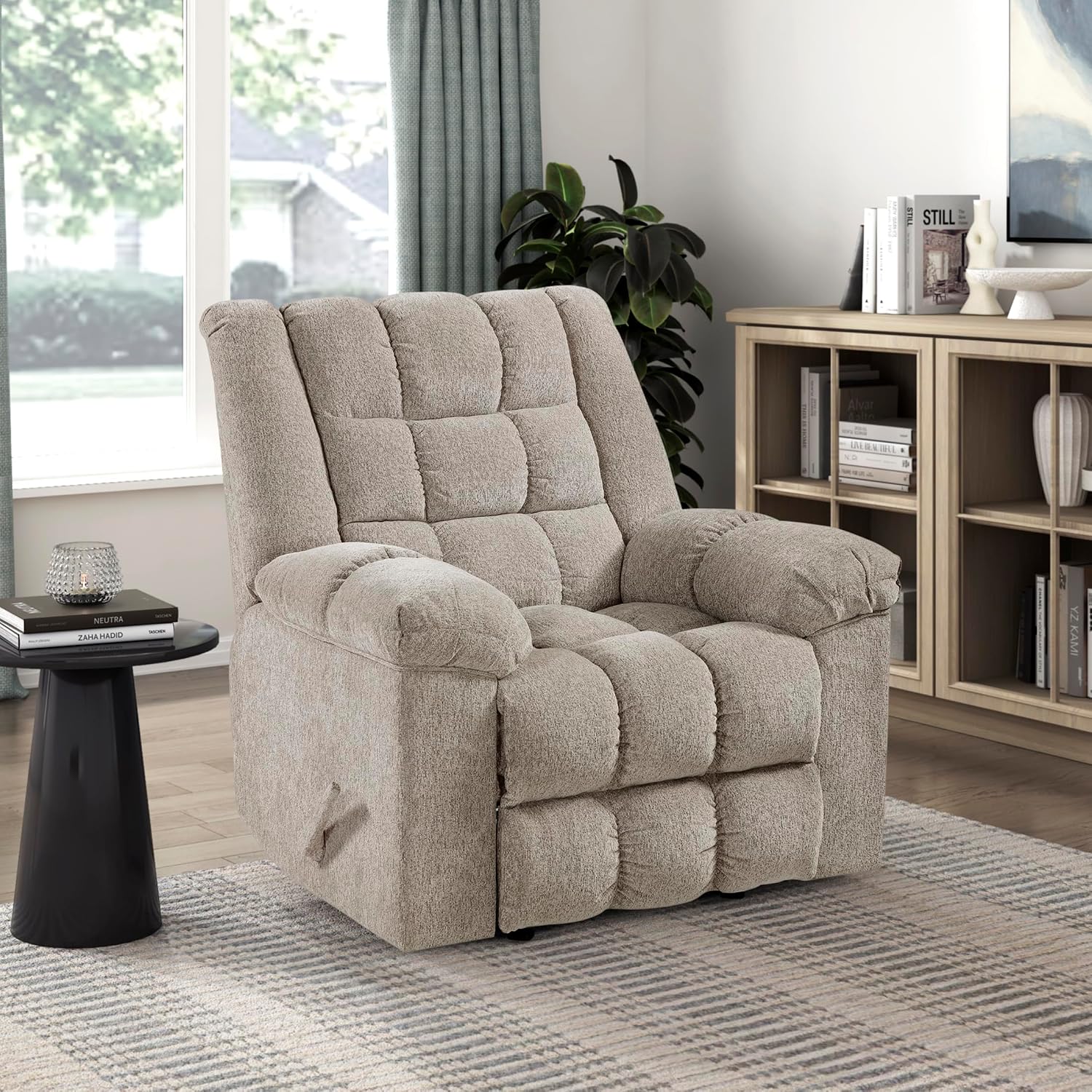 Lexicon Chenille Rocker Reclining Chair for Adults, Rocker Pull Handle Recliner, Nursery Chair for Living Room/Bedroom, High Back, Pillow Top Arms, High Density Foam Cushions, Light Brown