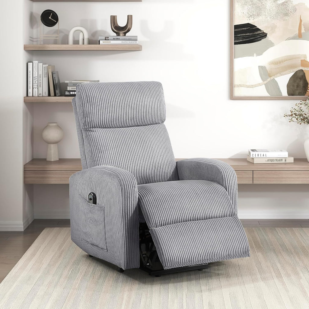 Lexicon Power Lift Recliner Chair for Elderly with Remote Control, Gentle Lift Motion, Side Pocket Armrest, Corduroy Upholstered Electric Recliner for Living Room/Bedroom, Easy Assembly, Dark Gray