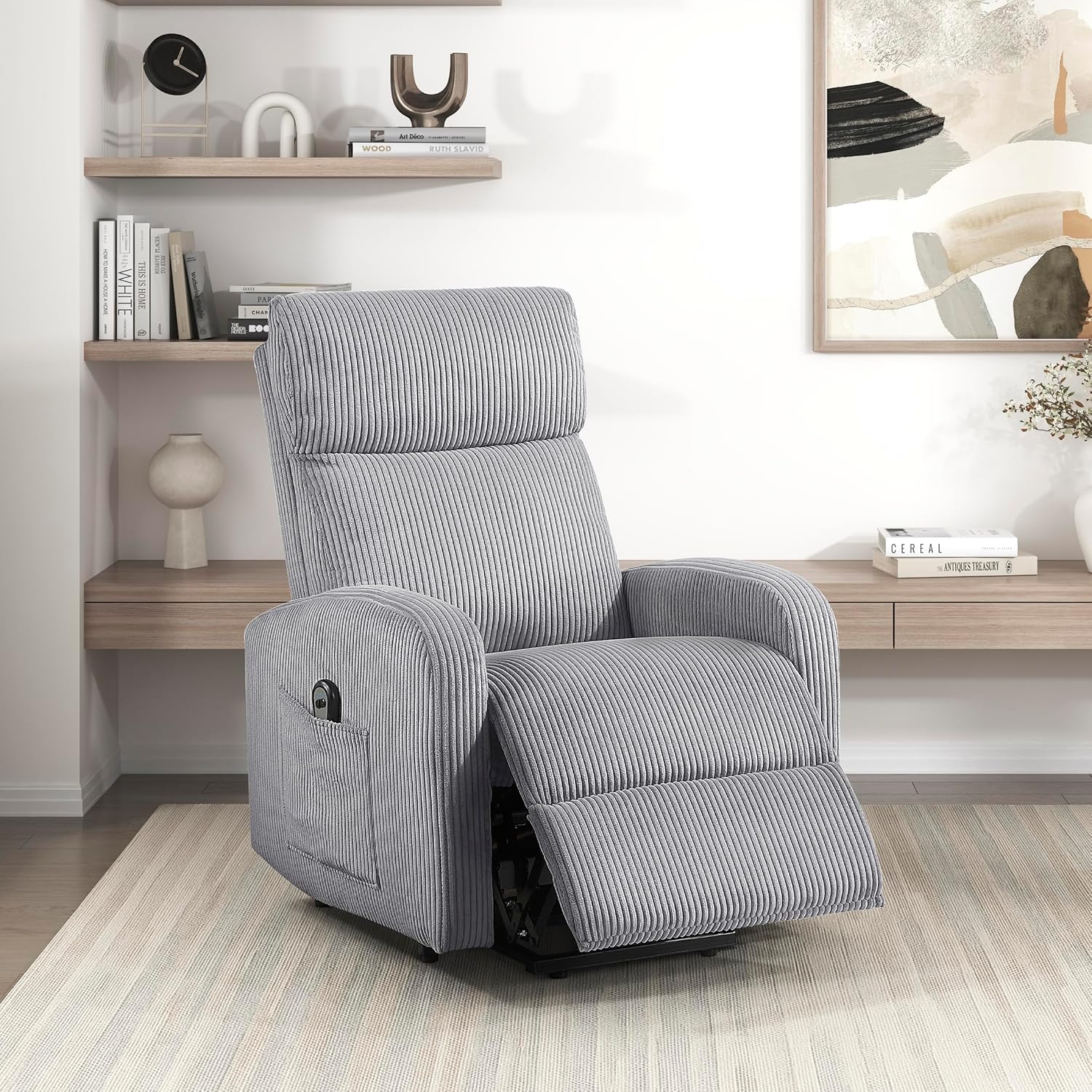 Lexicon Power Lift Recliner Chair for Elderly with Remote Control, Gentle Lift Motion, Side Pocket Armrest, Corduroy Upholstered Electric Recliner for Living Room/Bedroom, Easy Assembly, Dark Gray