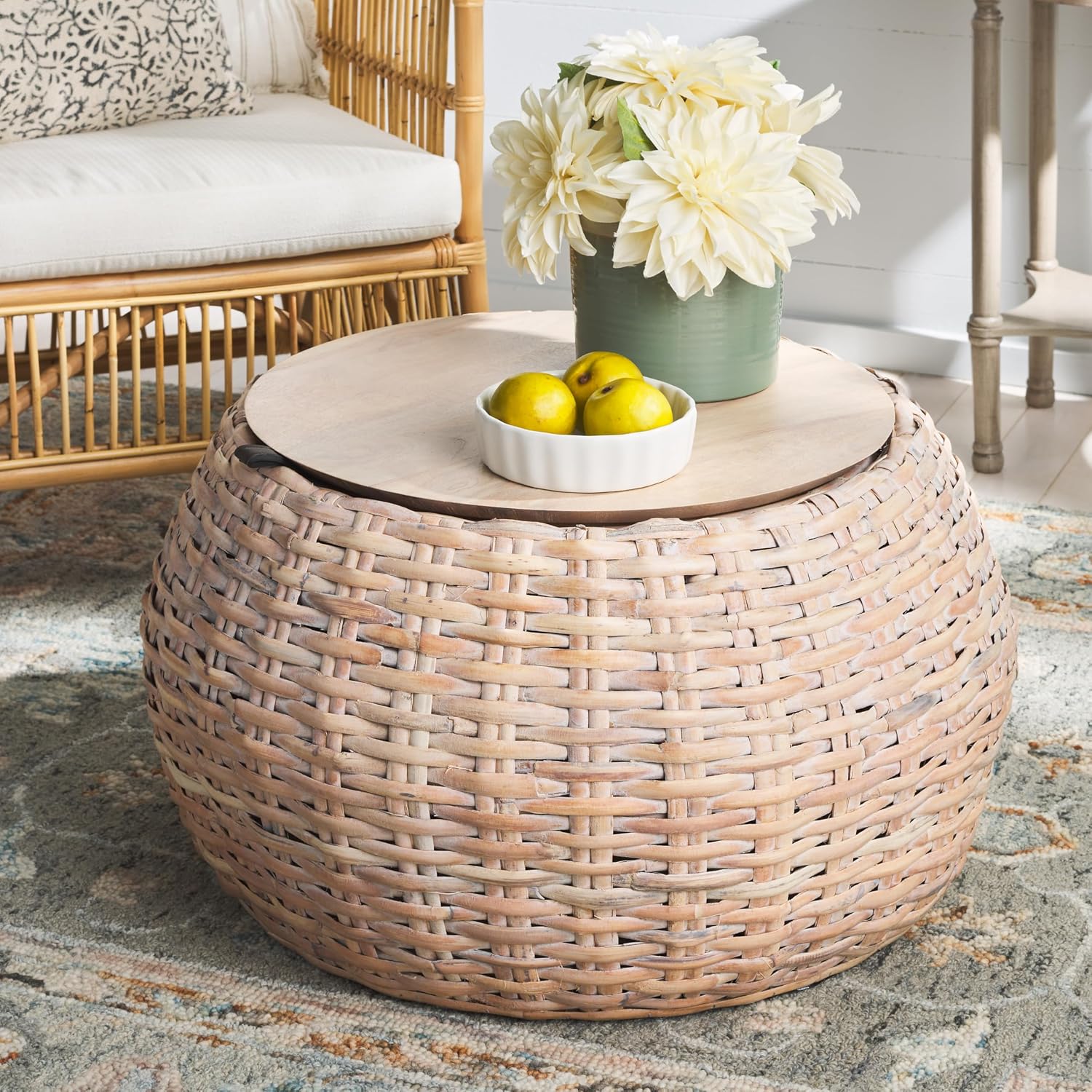 Safavieh Home Klarysa Natural White Wash Wood and Rattan Storage Coffee Table