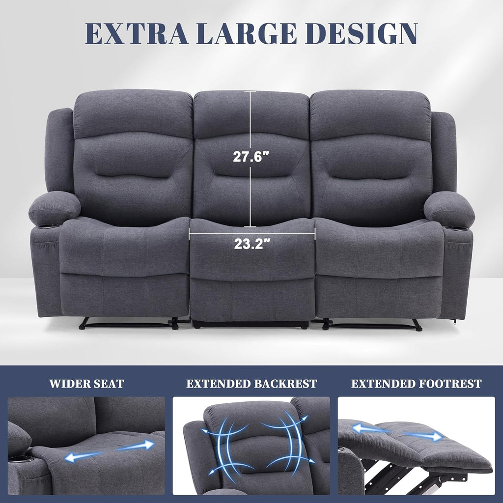 Weture Oversized Recliner Sofa with Heat and Massage, Wall-Hugger Reclining Sofa with Cup Holders and USB Port, Big Large 3-Seater RV Recliner Couch Sofa for Living Room (Fabric, Grey)