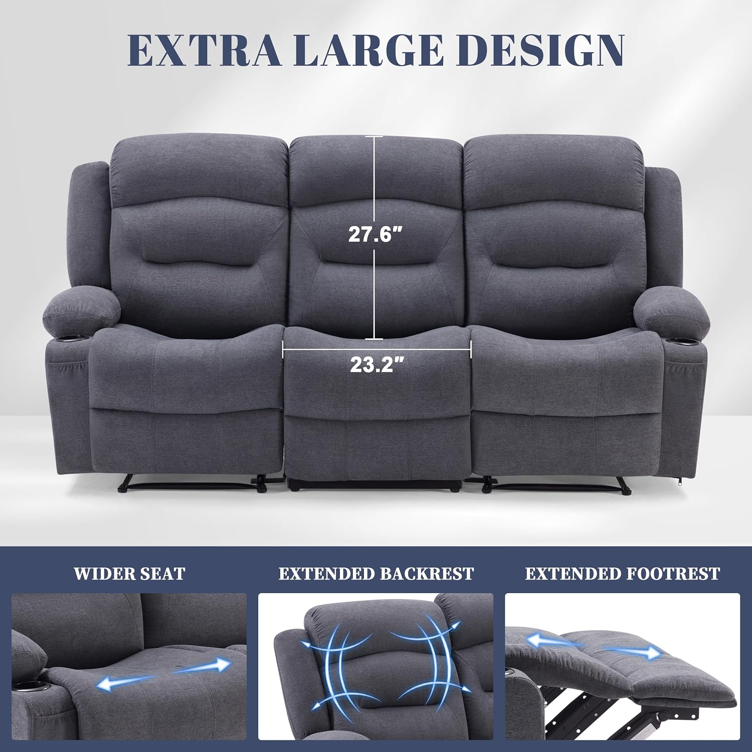 Weture Oversized Recliner Sofa with Heat and Massage, Wall-Hugger Reclining Sofa with Cup Holders and USB Port, Big Large 3-Seater RV Recliner Couch Sofa for Living Room (Fabric, Grey)