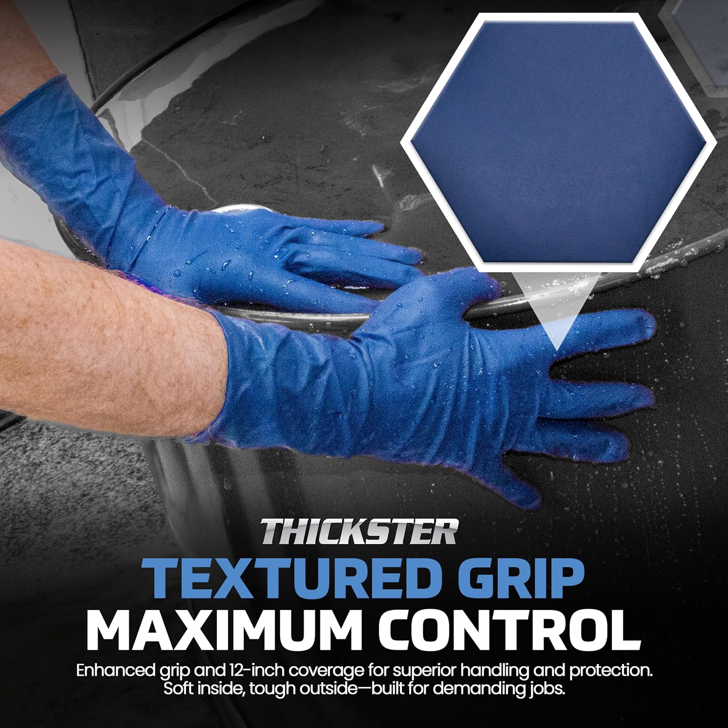 SAS Thickster Powdered Latex Disposable Gloves - 10 Boxes / 50 Ea. 500 Gloves Total. 14 Mil, Medium, Blue. Fully Textured. 12' Length. Puncture Resistant