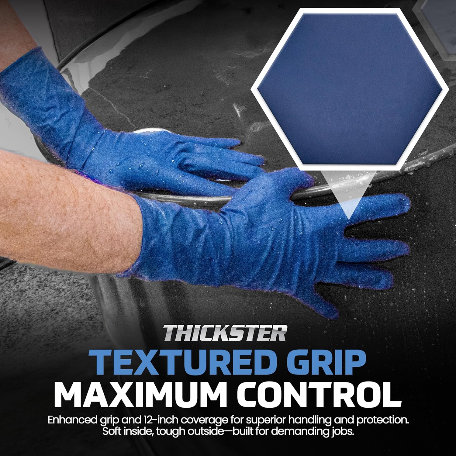 SAS Thickster Powdered Latex Disposable Gloves - 10 Boxes / 50 Ea. 500 Gloves Total. 14 Mil, 2XL, Blue. Fully Textured. 12' Length. Disposable Gloves. Puncture Resistant (6605)