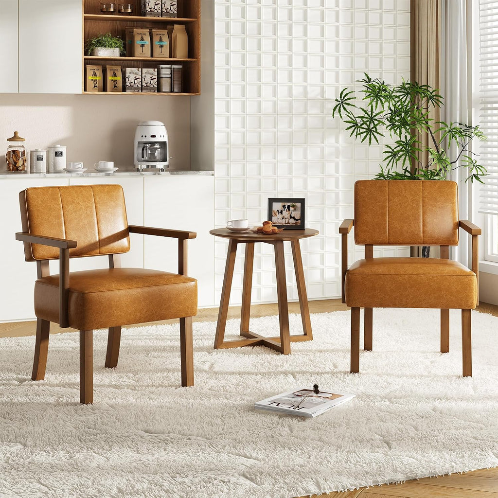 Garvee Accent Chair, Mid-Century Modern Faux Leather Armchair with Wood Frame, Vertical Stripe Upholstered Reading Chair for Living Room, Bedroom or Balcony, Brown
