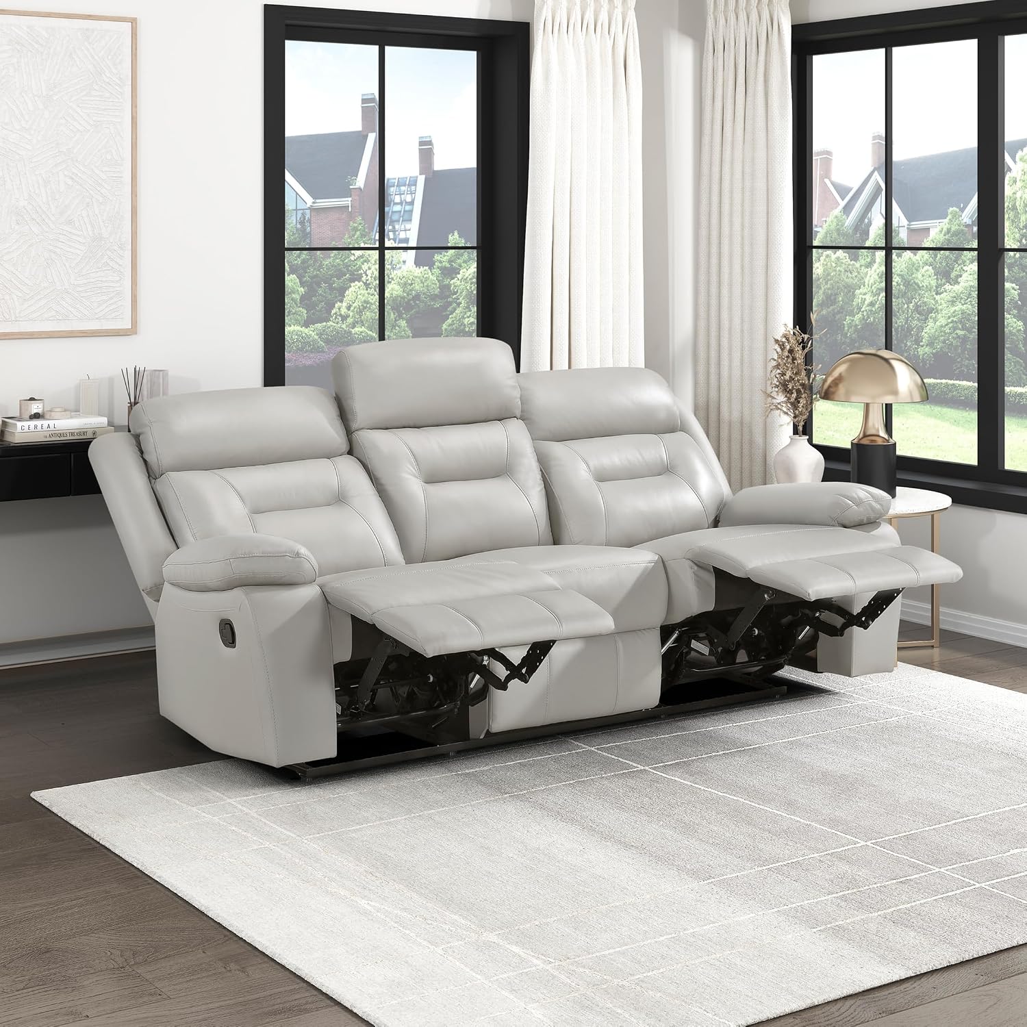 Lexicon Reclining Sofa for Living Room, Double Recliner RV Couch, Manual Wall Hugger Recliner, Home Theater Seating Leather Match Reclining Sofa with Pillow Top Armrests, 87''W Couch, Silver
