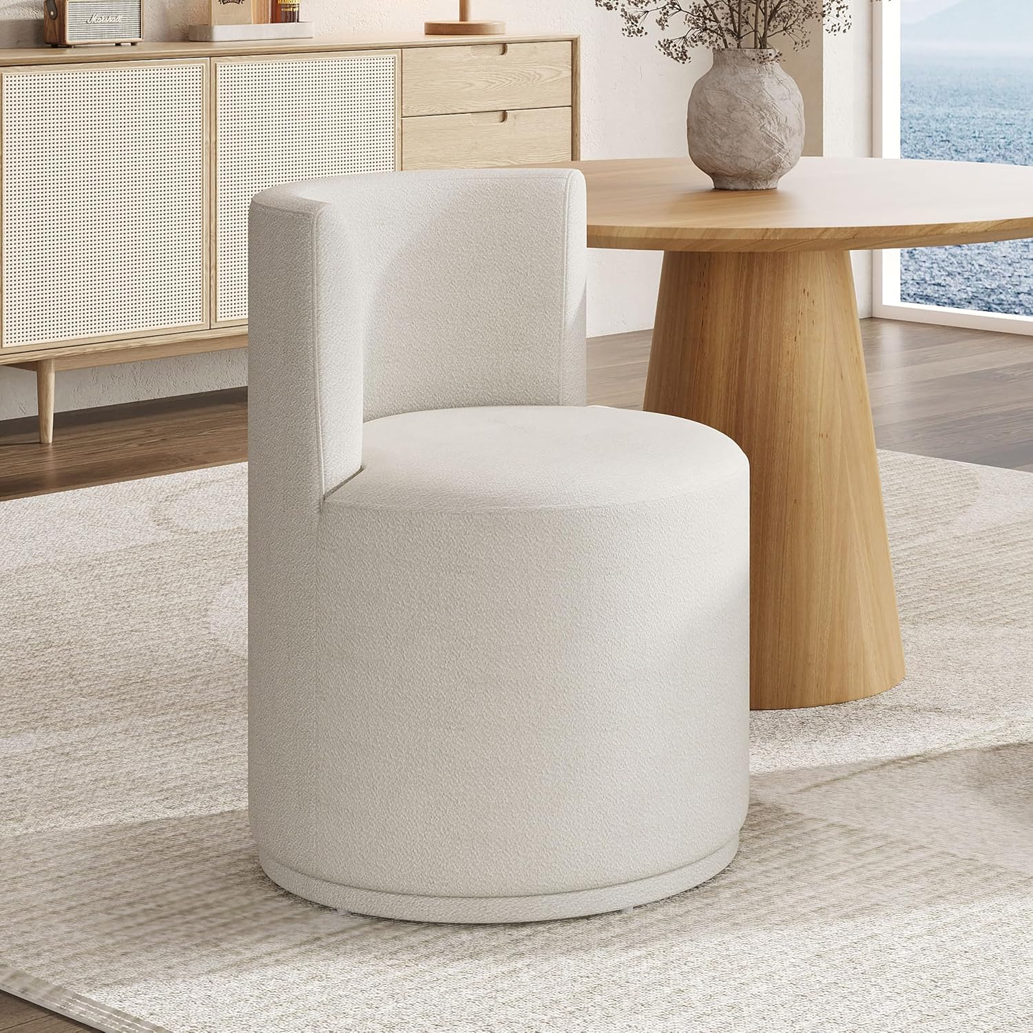 Christopher Knight Home Silla Modern Upholstered 360° Swivel Accent Chair, Wooden Living Room Slipper Chair with Rotation, Comfy Reading Chair for Bedroom, Light Beige