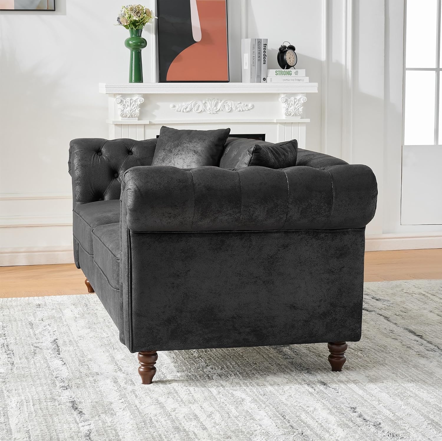 GDFStudio 66' Chesterfield Tech Loveseat Sofa Couch, Mid Century Modern 2 Seat Sofa & Couches with Pillows, Roll Armrest Upholstered Couch for Living Room Apartment Office Home Seating, Black
