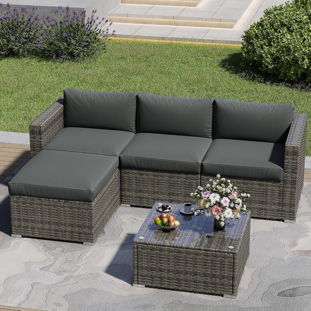 May in Color 5 Piece Outdoor Patio Sectional Furniture Set, Weather Resistant Rattan Outside Couch, Waterproof Conversation Sofa for Balcony, Porch, Backyard, Deck, Garden, Grey