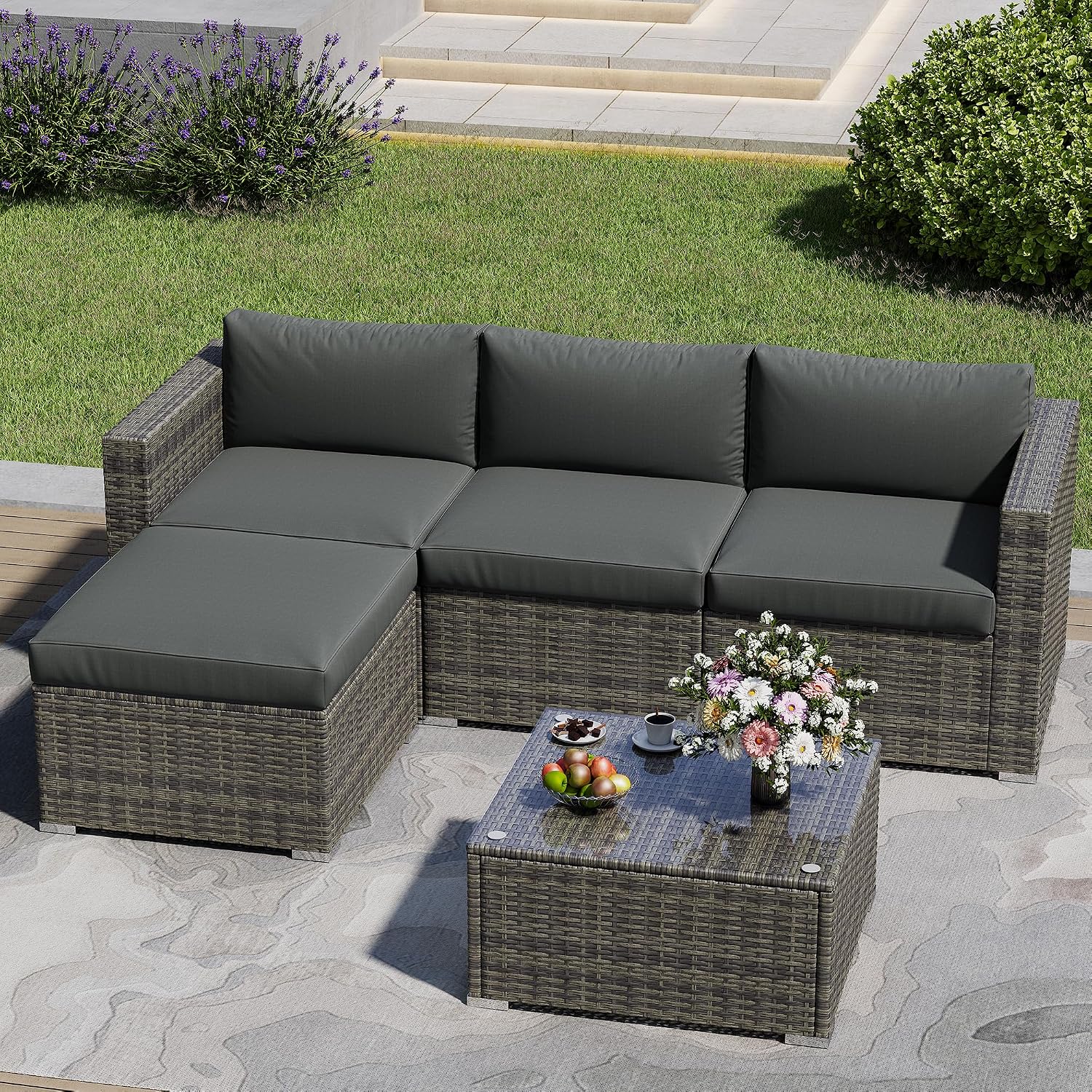 May in Color 5 Piece Outdoor Patio Sectional Furniture Set, Weather Resistant Rattan Outside Couch, Waterproof Conversation Sofa for Balcony, Porch, Backyard, Deck, Garden, Grey