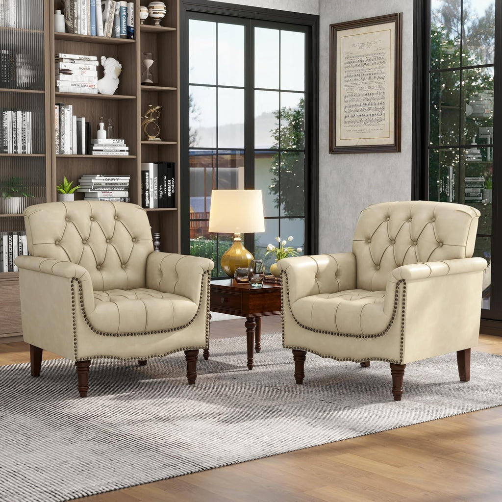 Lumibee Faux Leather Armchairs, Contemporary Accent Chairs Set of 2 with Nailhead Trims & Wood Legs for Living Room, Upholstered Comfy Arm Chairs for Office,Bedroom-Beige