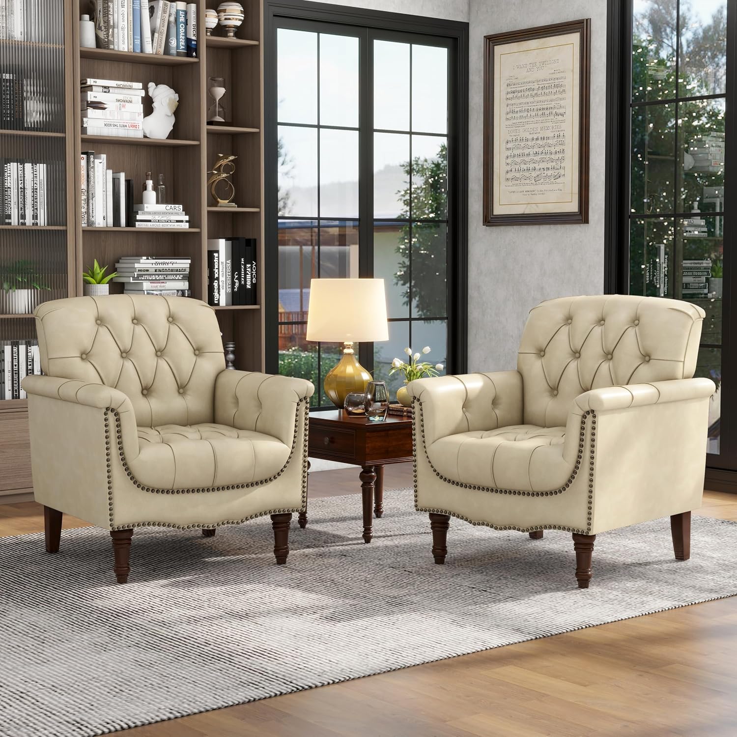 Lumibee Faux Leather Armchairs, Contemporary Accent Chairs Set of 2 with Nailhead Trims & Wood Legs for Living Room, Upholstered Comfy Arm Chairs for Office,Bedroom-Beige