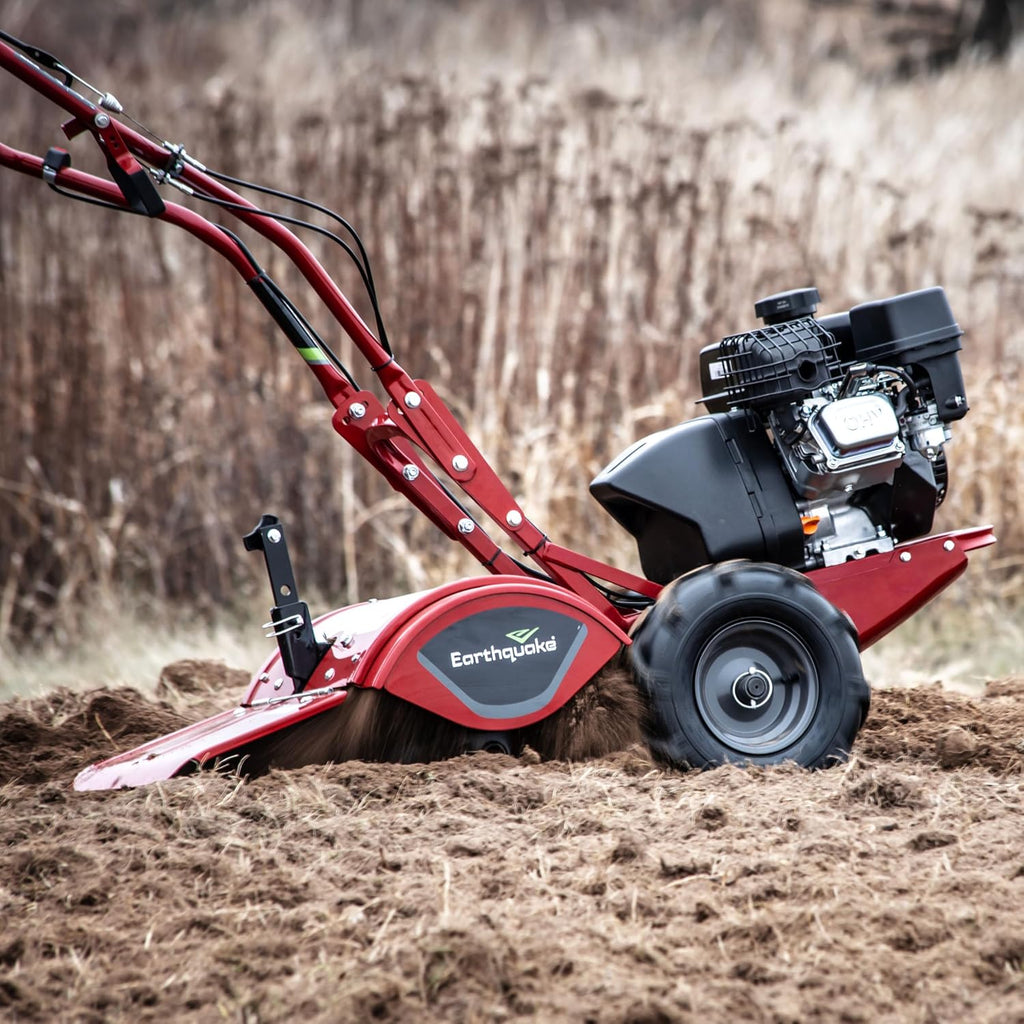 EARTHQUAKE Victory Rear Tine Tiller, Powerful 209cc 4-Cycle Viper Engine, Rugged Bronze Gear Transmission, Counter-Rotating Tines, Instant Reverse, Pneumatic Wheels, Model: 39381, Red/Black