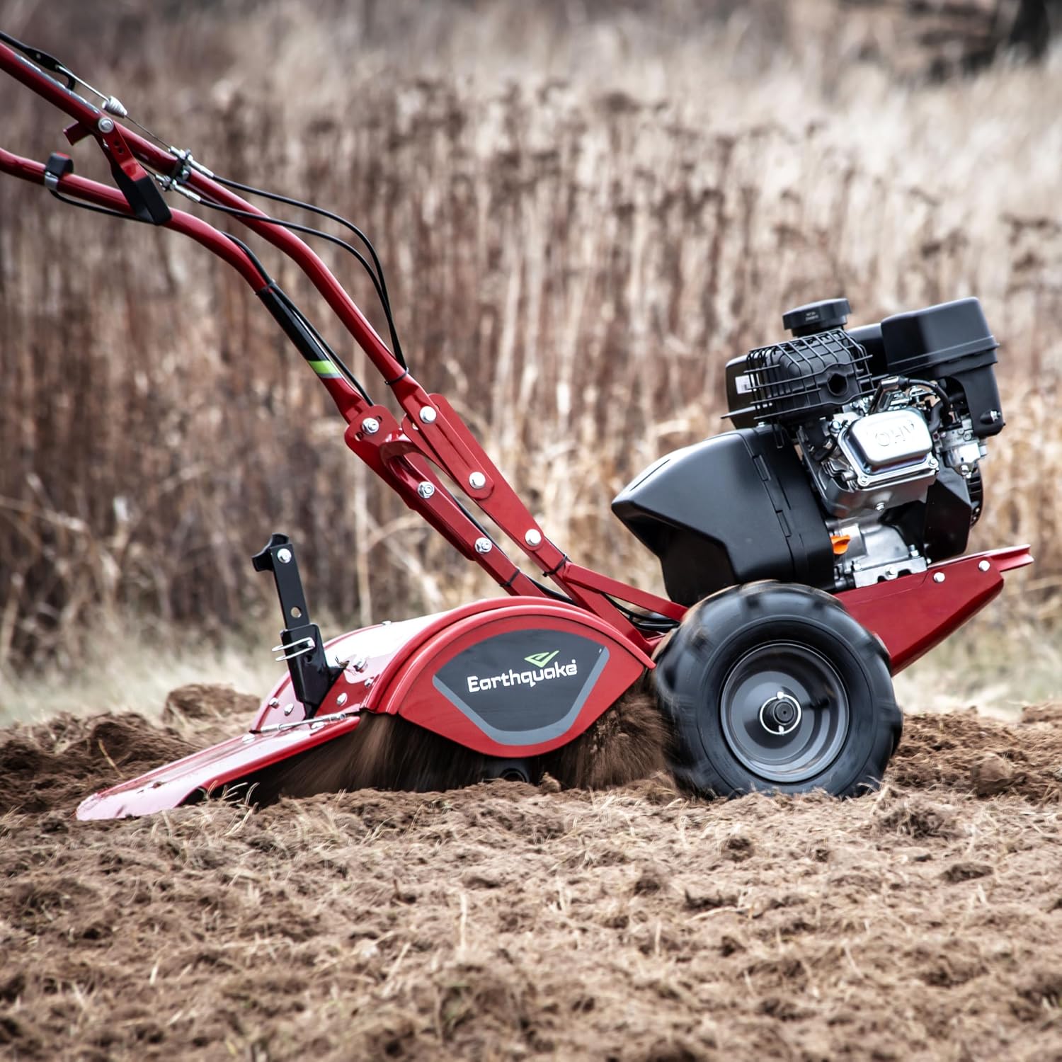 EARTHQUAKE Victory Rear Tine Tiller, Powerful 209cc 4-Cycle Viper Engine, Rugged Bronze Gear Transmission, Counter-Rotating Tines, Instant Reverse, Pneumatic Wheels, Model: 39381, Red/Black