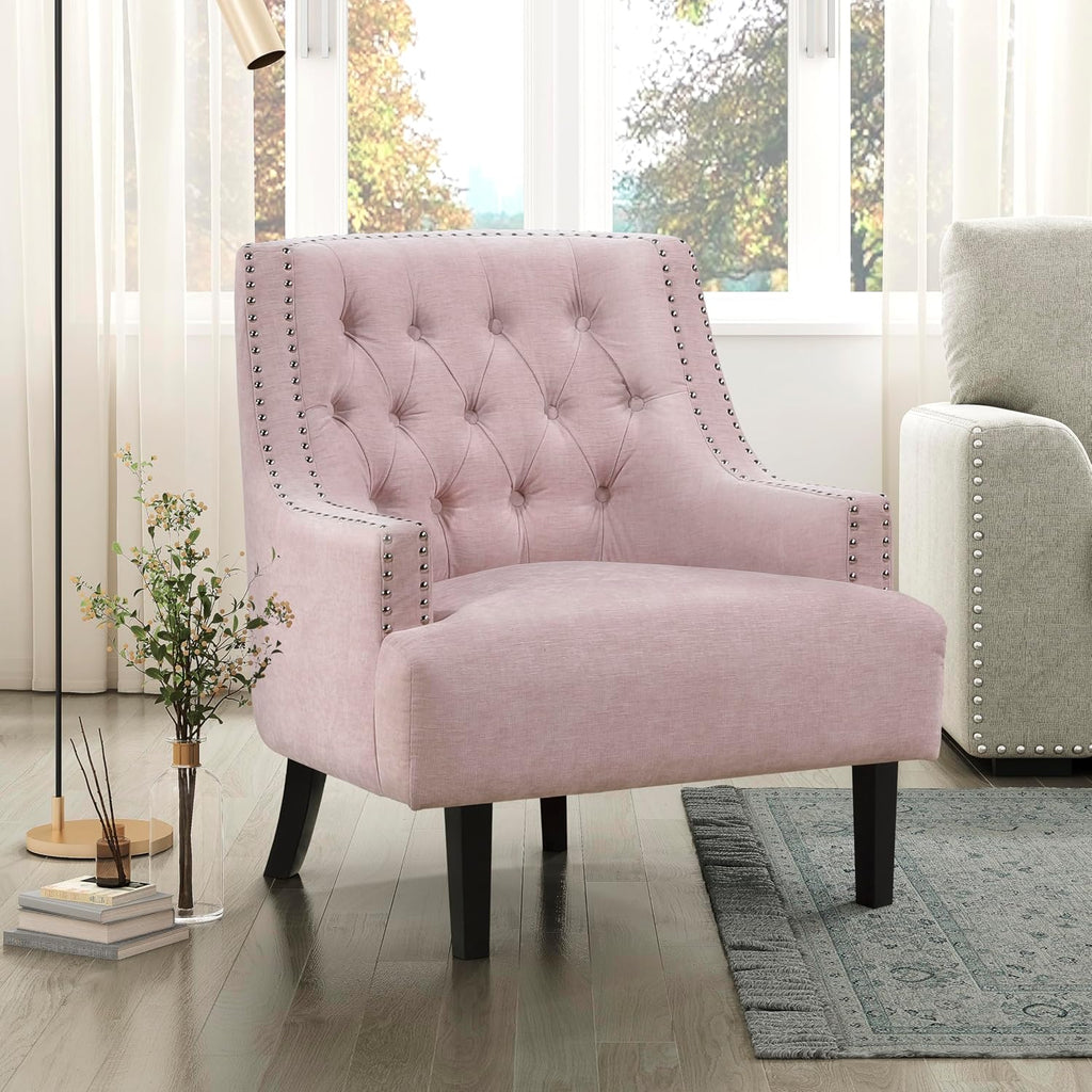 Lexicon Accent Chair Reading Chair Comfy Chair for Bedroom, Upholstered Armchair with Solid Wood Frame, Tufted Cushion Nail Head Trim, Single Sofa Chair for Living Room, Office, Pink Chenille