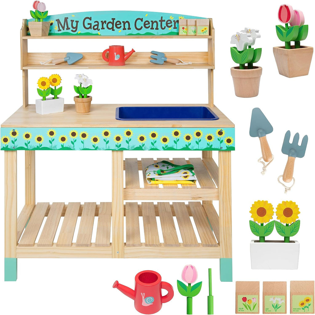 Bloom & Grow Gardening Center Wooden Toy Indoor Playset- 22 Pc Garden Stand Set w Flowers, Seed Packet, Pots Shovel Rake Apron Watering Pot- Interactive Fun Pretend Playtime Activity, Kids Summer Gift