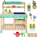 Bloom & Grow Gardening Center Wooden Toy Indoor Playset- 22 Pc Garden Stand Set w Flowers, Seed Packet, Pots Shovel Rake Apron Watering Pot- Interactive Fun Pretend Playtime Activity, Kids Summer Gift