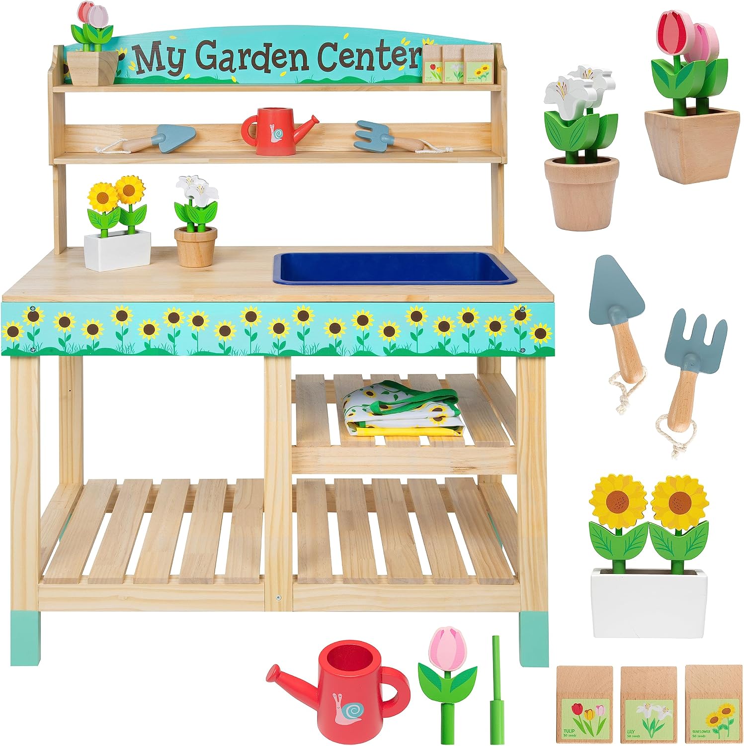 Bloom & Grow Gardening Center Wooden Toy Indoor Playset- 22 Pc Garden Stand Set w Flowers, Seed Packet, Pots Shovel Rake Apron Watering Pot- Interactive Fun Pretend Playtime Activity, Kids Summer Gift