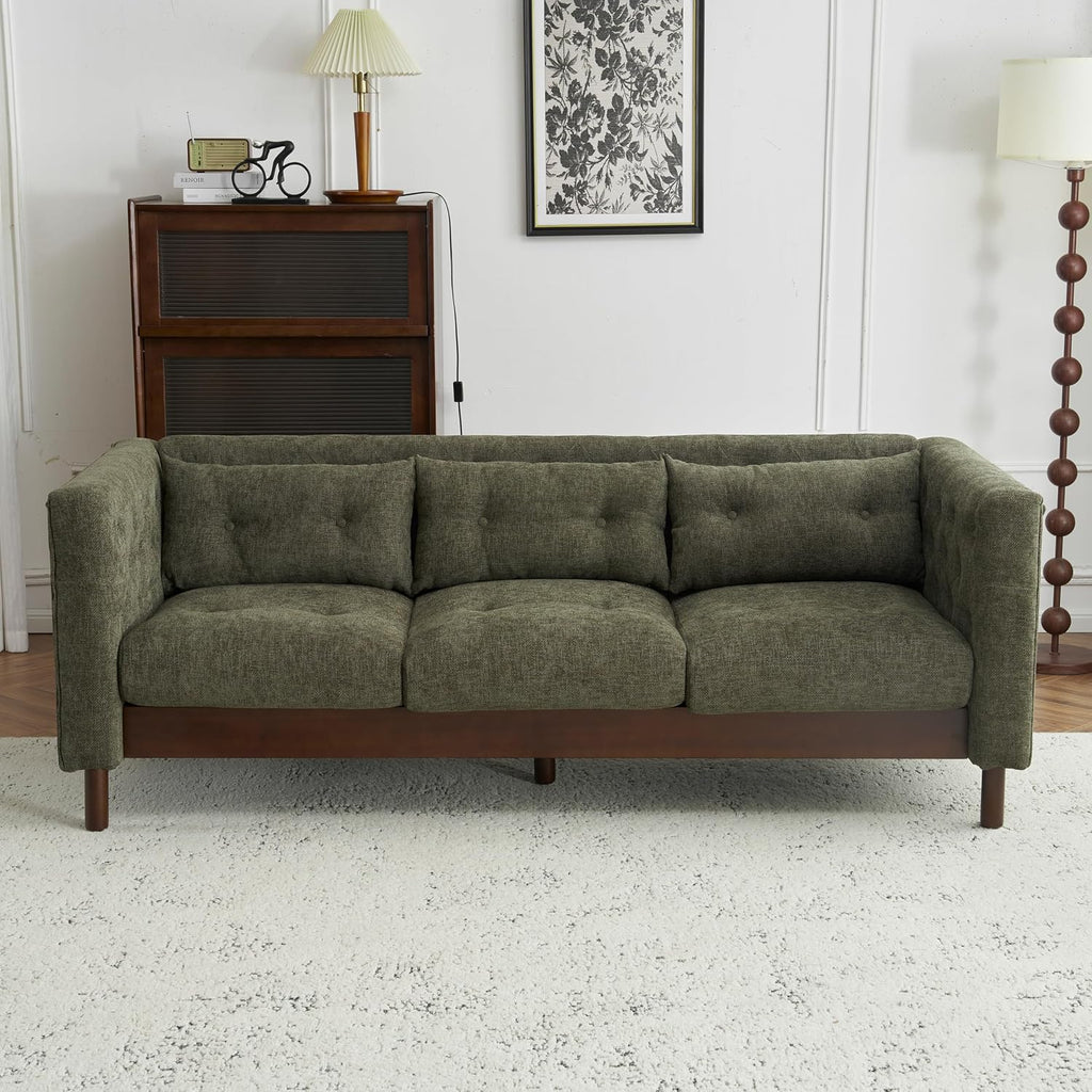 Christopher Knight Home Marloo 3 Seater Sofa Couch, Upholstered Couch, Linen-Like Tufted Back Sofa with Arm Rest, Rubberwood Legs, 78' Spacious Seating for Living Room Home Rest, Dark Green