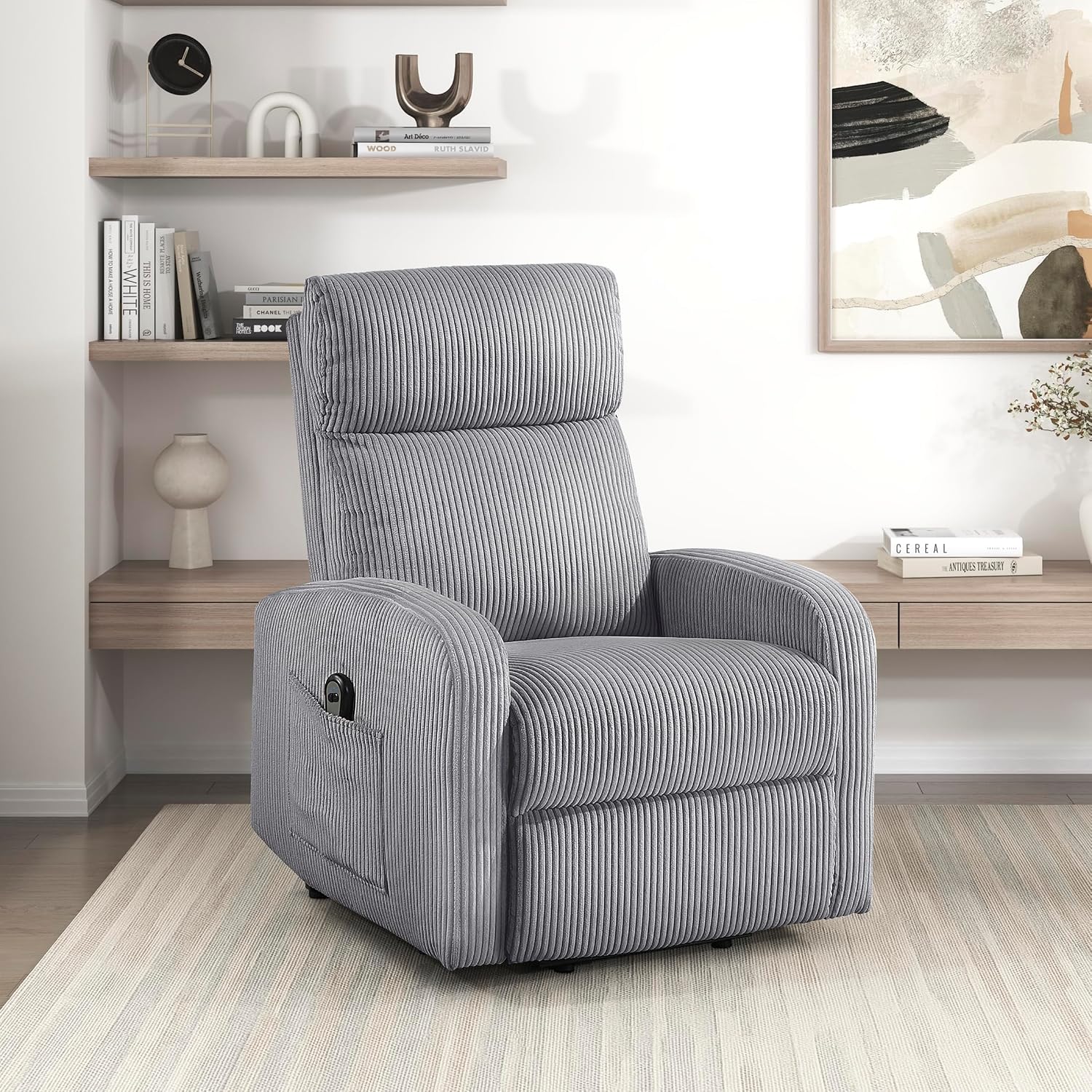 Lexicon Power Lift Recliner Chair for Elderly with Remote Control, Gentle Lift Motion, Side Pocket Armrest, Corduroy Upholstered Electric Recliner for Living Room/Bedroom, Easy Assembly, Dark Gray
