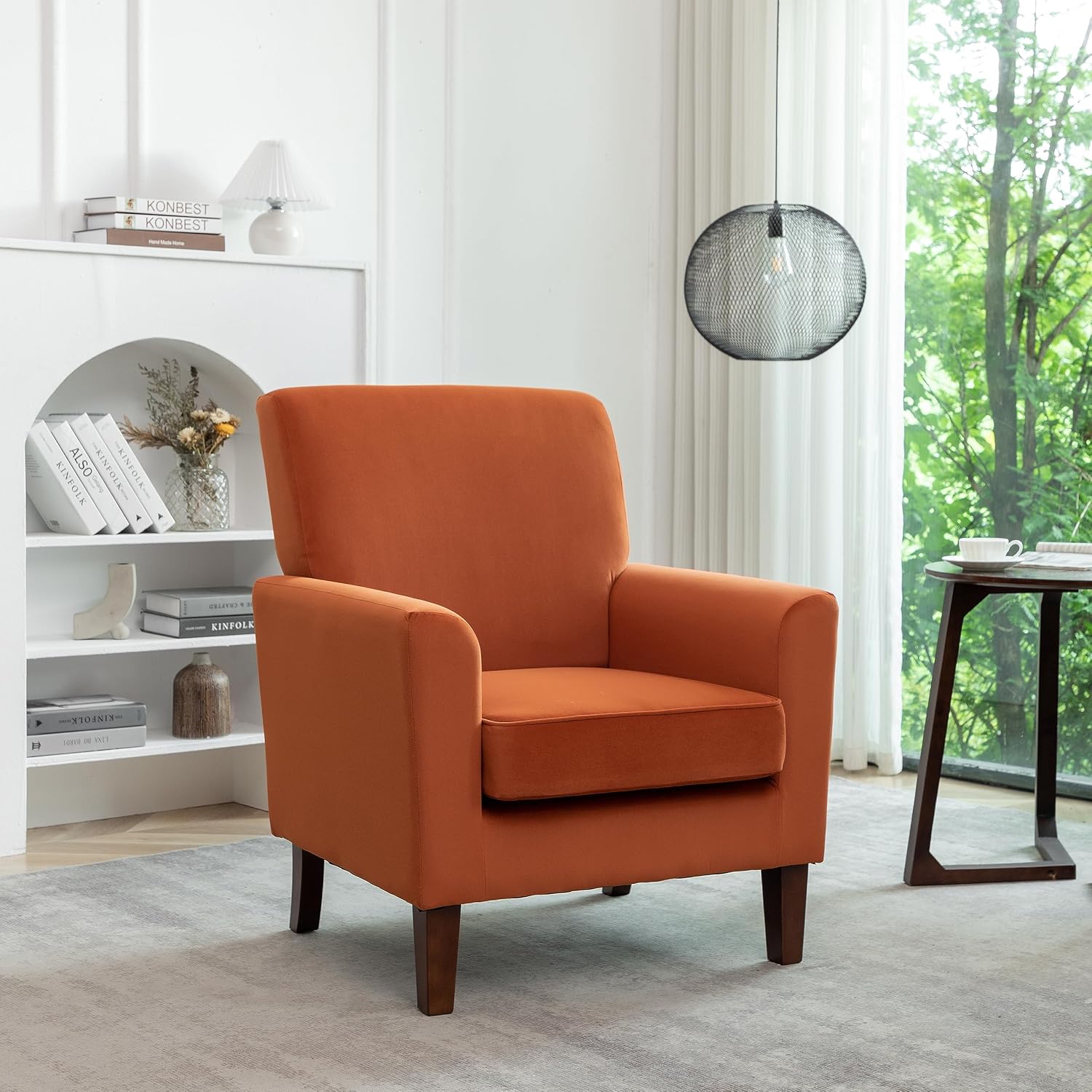 Container Furniture Direct Contemporary Accent Arm Chair with Birch Wood Frame and Velvet Upholstery, Armchair for Office and Living Room Decor, Removable Cushions, Orange