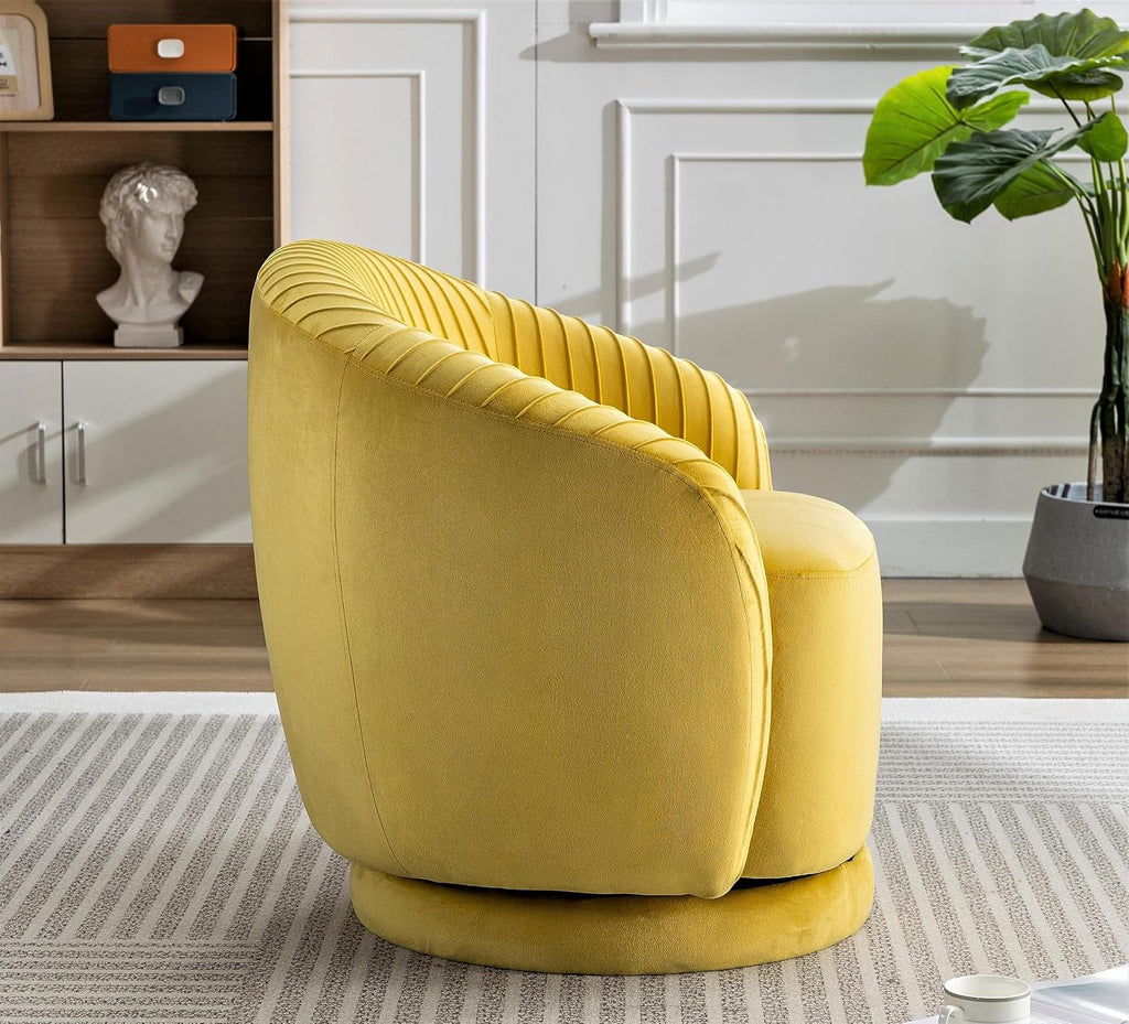 Container Furniture Direct Modern Barrel Swivel Chair with Plush Velvet Upholstery and Smooth 360° Rotation, Round Accent One-Seater Sofa for Living Room, Bedroom, and Office, Yellow