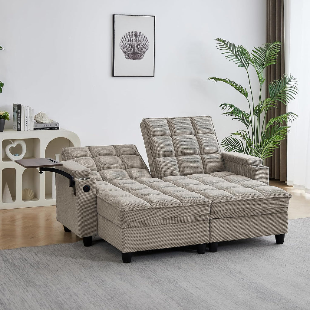 Eafurn Double Chaise Lounge Convertible Sleeper Chair Sofabed W/Storage and 6-Position Reclining Backrest, Modern Tufted Recliner Lounge Chaise Couch with Swivel Table & USB for Living Room