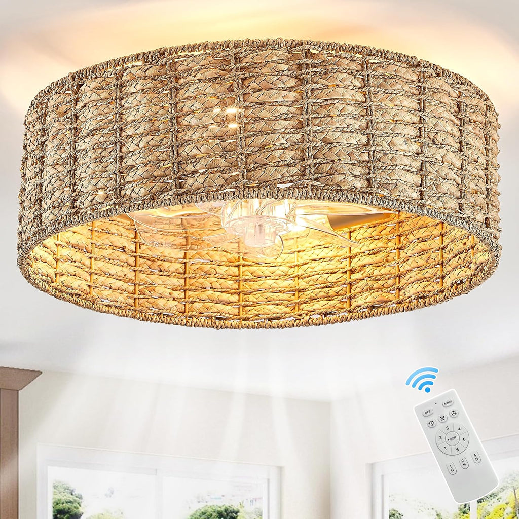20' Fandelier Rattan Boho Ceiling Fans ，Rattan chandelier，Boho， Remote Control, 6 Speeds, Handwoven，also has 1 hour/2 hours/4 hours timer off function，for Bedroom, Living Room, Dining Room, Yoga Room