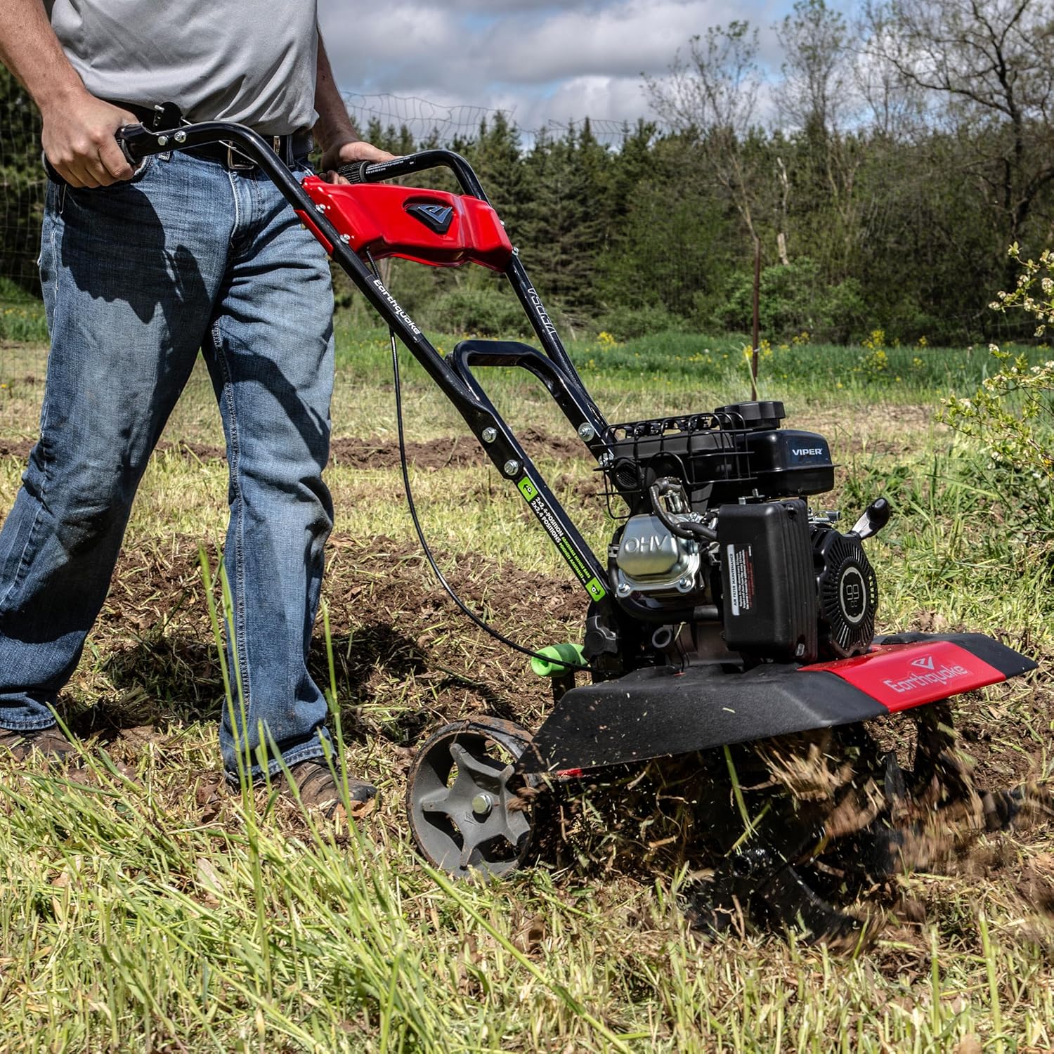 Earthquake 20015 Versa 2-in-1 Tiller Cultivator with a 99cc 4-Cycle Viper Engine, 2-in-1 Front Tine Tiller and Cultivator, Removable Side Shields and Outer Tines